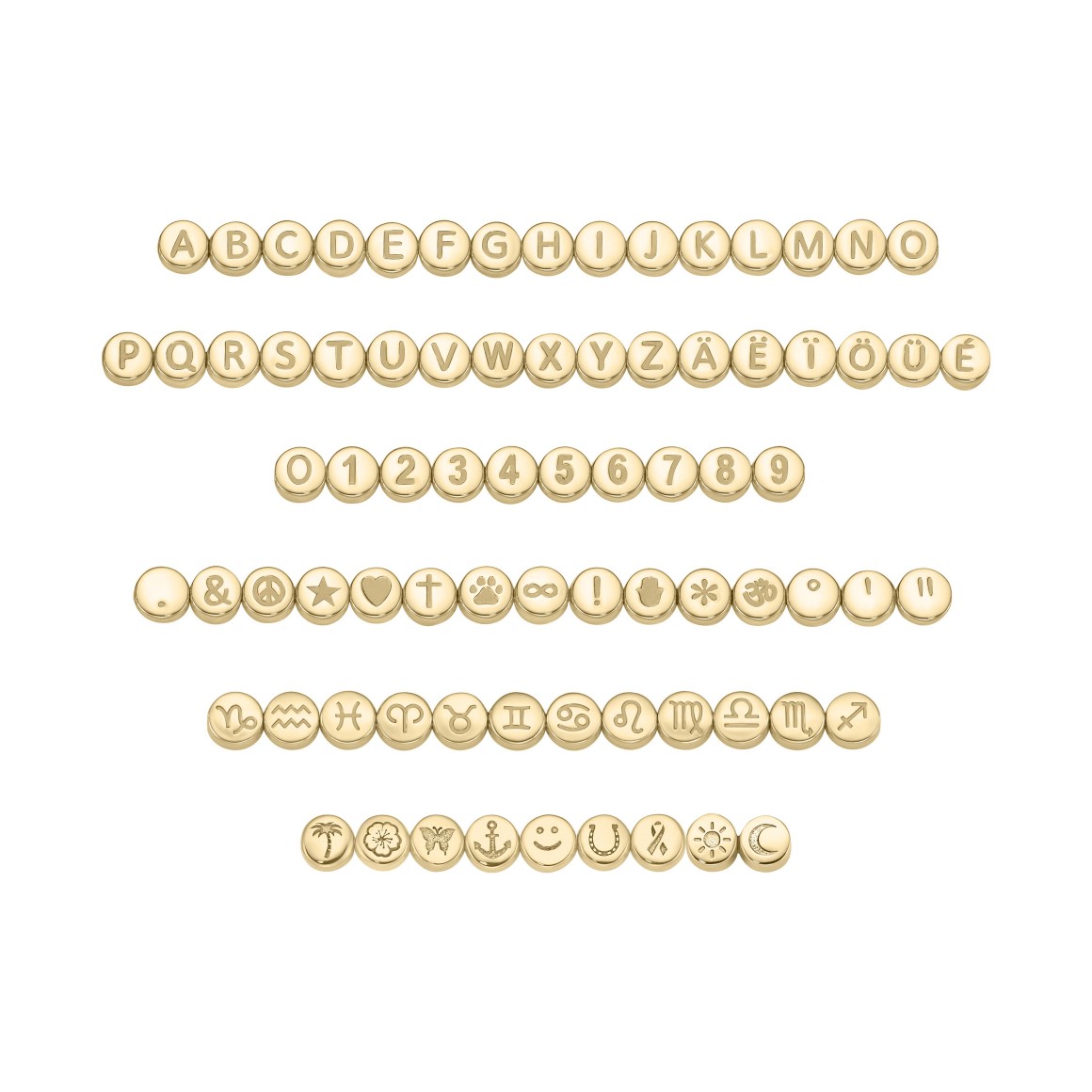 Übersicht Perlen mit Buchstaben Ziffern, Symbolen und Sternzeichen für die strawberry & cream Letter Halskette in Gold
