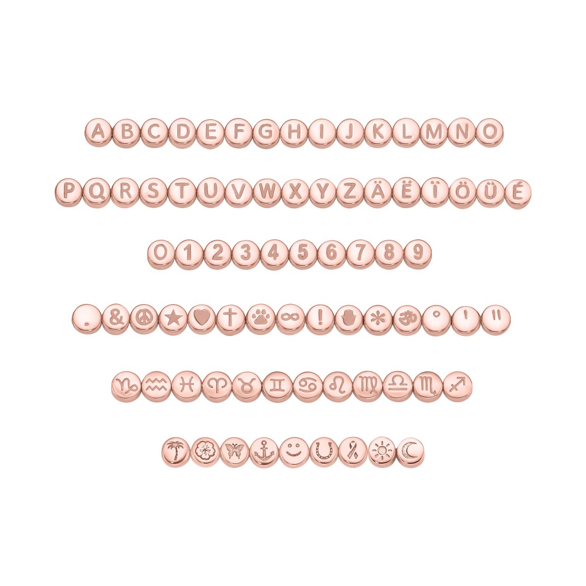 Übersicht aller strawberry & cream Perlen mit Buchstaben Ziffern Symbolen und Sternzeichen in roségold