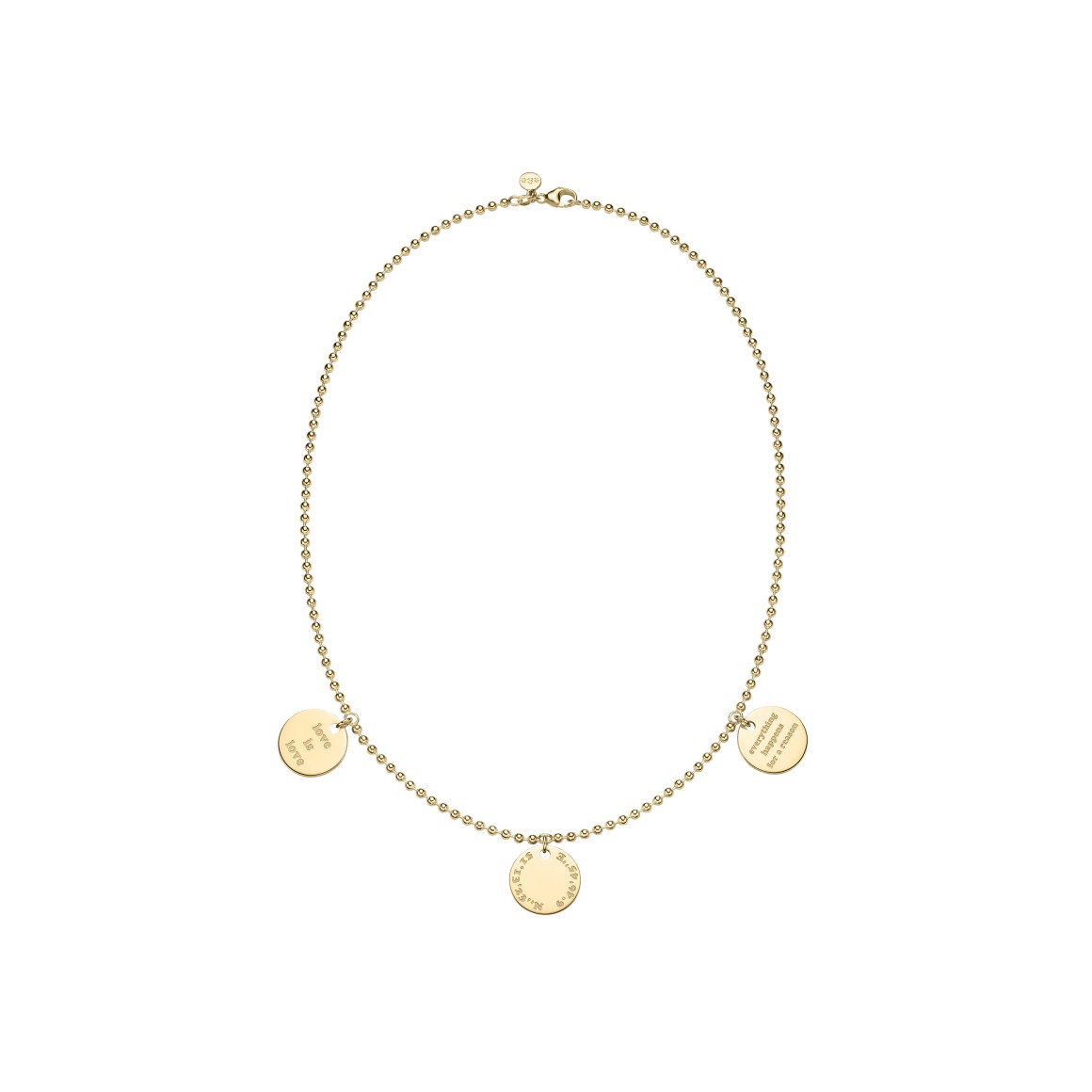 Original Familienkette von strawberry & cream liegend mit Kugelkette und fünf Anhaengern graviert mit Lebensmotto, geografischen Koordinaten und Zitat 
