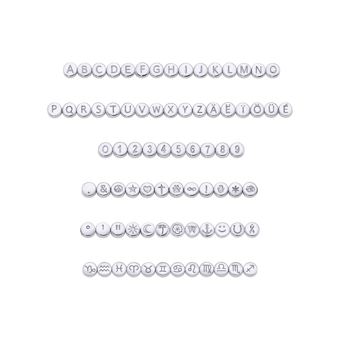 s&c Auswahl und Übersicht Buchstaben, Ziffern, Symbole und Szternzeichen aus Silber für Armband
