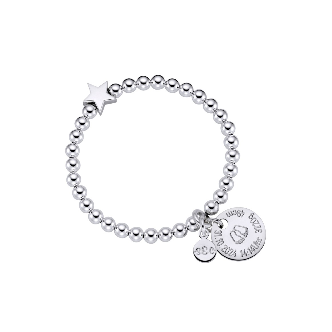 Kinder Kugelarmband Sterlingsilber mit Sternperle und rundem Gravuranhänger von strawberry & cream
