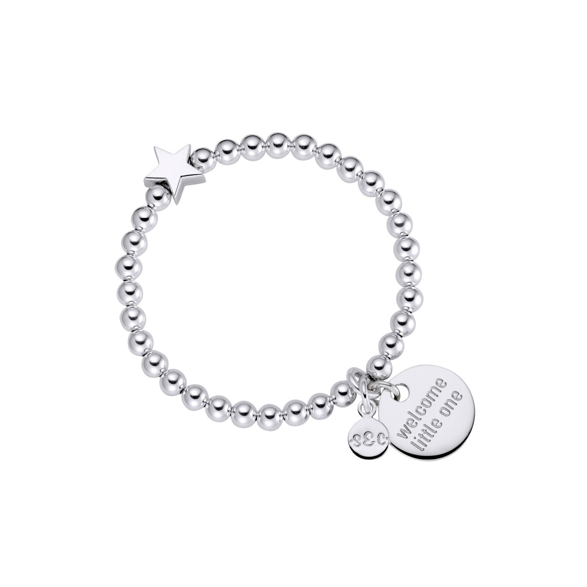 strawberry & cream Kinderarmband mit Sternperle und Gravur auf rundem Anhänger aus Sterlingsilber zur Taufe und Geburt