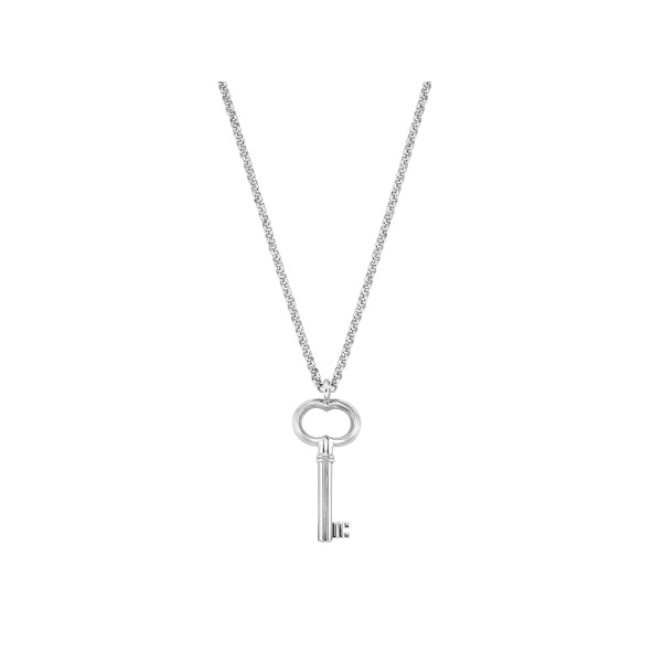 Model mit langer Halskette Schlüssel und langer Halskette mit rundem Gravuranhänger Silber
