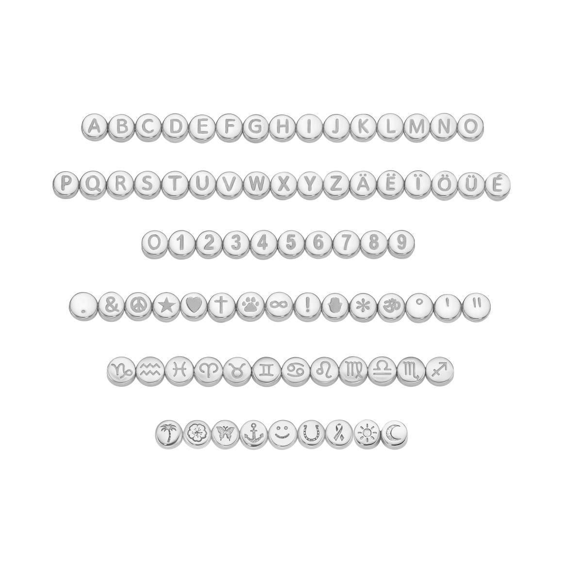 Übersicht weissgoldene strawberry & cream classic Buchstabenperlen mit Buchstaben Ziffern Symbolen und Sternzeichen