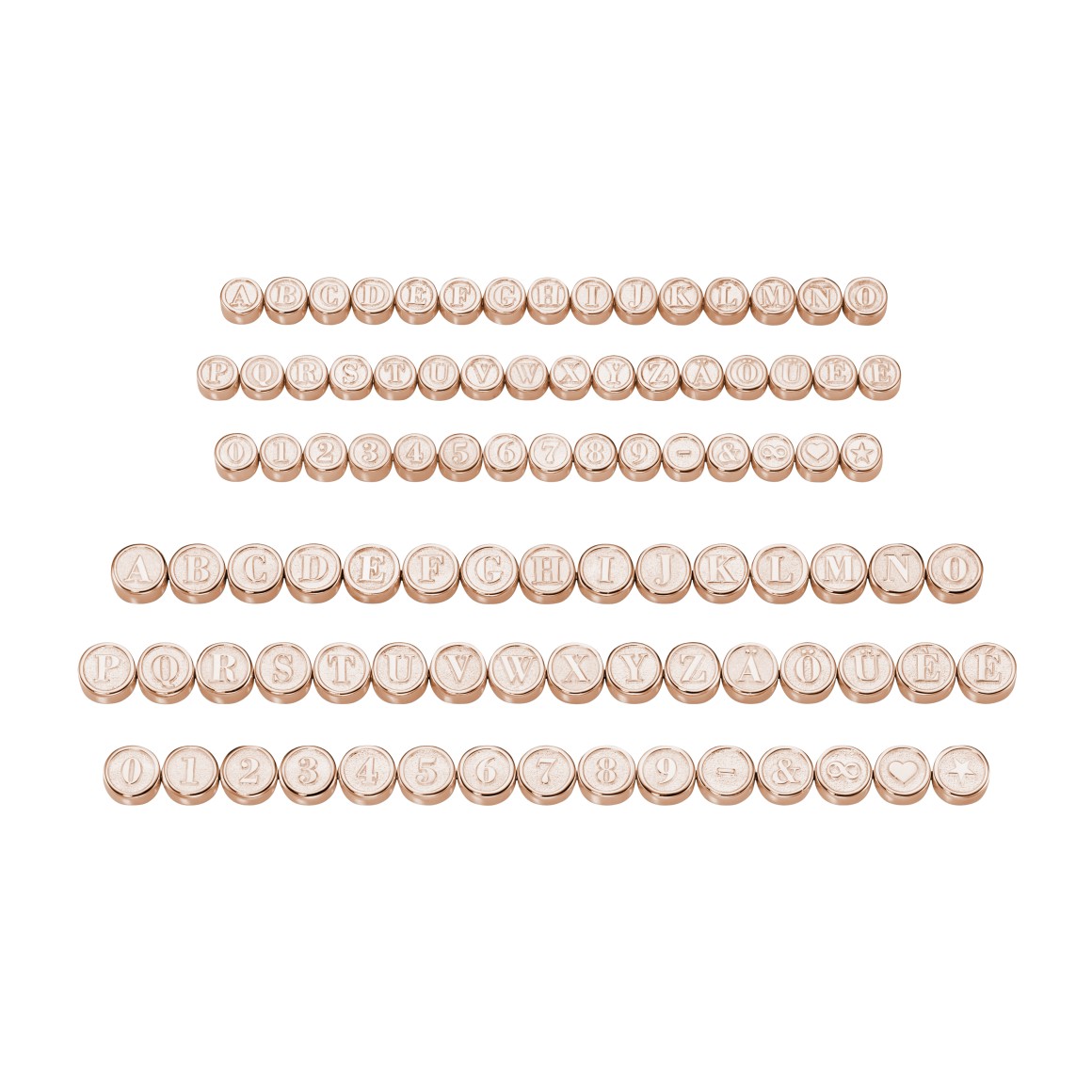 Übersicht aller Perlen für die strawberry & cream Armbänder mit Buchstaben, Ziffern und Symbolen
