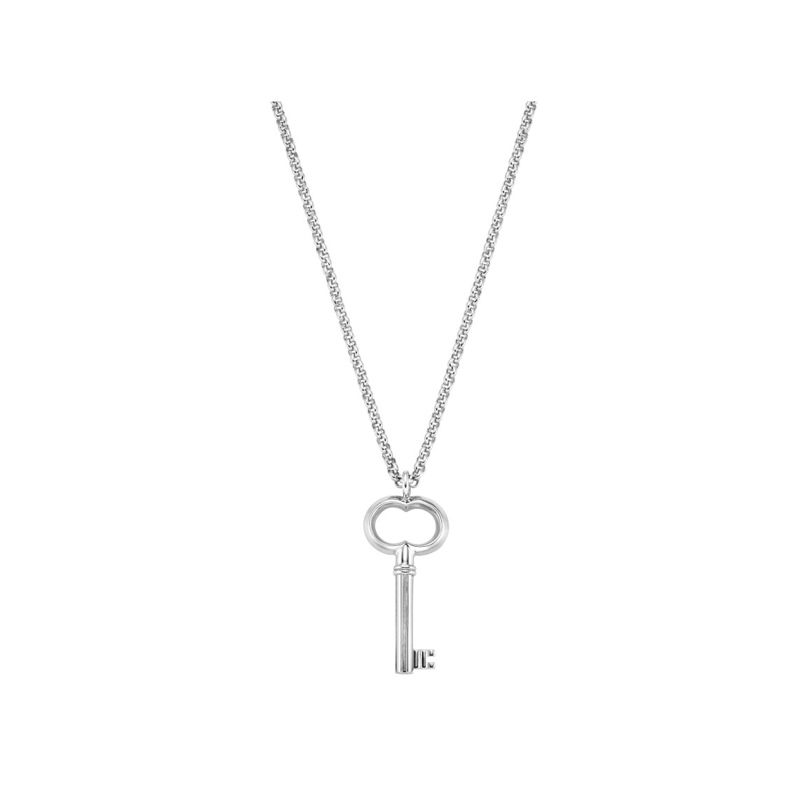 Model mit langer Halskette Schlüssel und langer Halskette mit rundem Gravuranhänger Silber